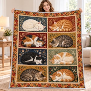 Coperta trapuntata con gatto addormentato, plaid autunnale con patchwork floreale, regalo accogliente per amanti dei gatti, biancheria da letto con gattino carino, decorazione autunnale in stile cottagecore per divano e letto