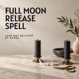 May include: Two dark grey textured pillar candles in brass holders with white rope accents, accompanied by brass scissors, a dark stone bowl, and a vase with dried foliage. The text reads FULL MOON RELEASE SPELL and SAME DAY DELIVERY BY DASHA.