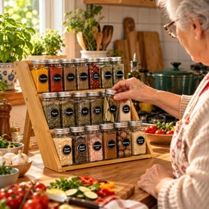 May include: A three-tiered bamboo spice rack holding twenty-one clear glass square jars with black circular labels. Each jar contains various spices, herbs, and seasonings, including turmeric, paprika, cumin, coriander, chili flakes, rosemary, thyme, oregano, basil, garlic powder, onion flakes, black pepper, Himalayan salt, cinnamon, nutmeg, and seeds.