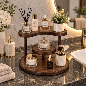 Peut inclure: Un organisateur de salle de bain en bois foncé à plusieurs niveaux avec une étagère supérieure incurvée et une base circulaire. Le support contient divers articles dont un diffuseur à roseaux, des flacons de parfum et des pinceaux de maquillage.