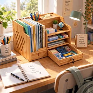 May include: A bamboo desk organiser featuring vertical slots for books, multiple open shelves for stationery, and a pull-out drawer with a lock and key. The unit holds various pens, notebooks, a calculator, and small office supplies on a wooden desk.