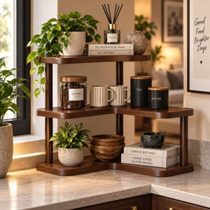 May include: A two-tiered dark wood corner shelf holding a potted plant, a glass coffee jar, two ribbed mugs, a black tea canister, a black sugar canister, wooden bowls, books titled The Kinfolk Home and Simple Recipes, and a reed diffuser.