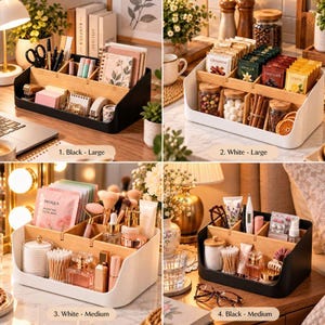 May include: A multi-compartment desk organiser featuring a bamboo wood insert and a solid black or white outer shell. The unit includes various sections for storing stationery, tea packets, skincare products, and small personal items.