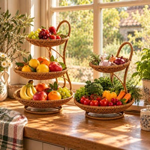 May include: Two tiered woven rattan fruit and vegetable baskets. The taller three-tier stand holds assorted fruits like bananas, apples, oranges, and grapes. The shorter two-tier stand contains fresh vegetables including broccoli, tomatoes, and carrots.