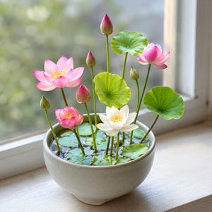 May include: A round, light-colored ceramic bowl filled with water, containing several blooming lotus flowers in shades of pink and white, along with closed buds and round green lily pads on thin stems, creating a natural aquatic arrangement.