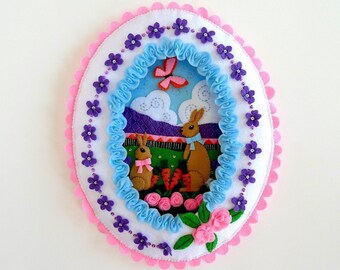 Finished Bucilla Felt Wall Hanging - Sugared Easter Egg - Handmade Felt Easter Wall Hanger - Carrots Rabbits Bunny Flowers Easter Decor