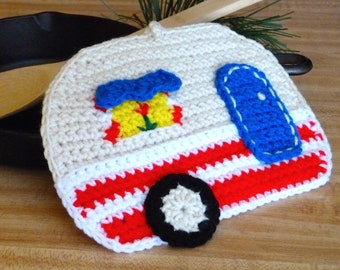 Crochet Camper Pot Holder or Trivet - Hot Pad - 4th of July or Americana Decor - for RV or Kitchen Decor Handmade for Cook