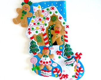 Finished Bucilla Christmas Stocking - Gingerbread Dreams - Handmade 3D Plush Felt Holiday Sock - for Boy, Girl Baker, Cook Completed