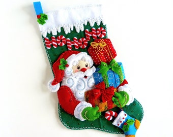 Finished Bucilla Christmas Stocking - Ho Ho Ho Santa - Handmade Felt Holiday Sock for Girl or Boy - Santa with Gifts Stocking Competed