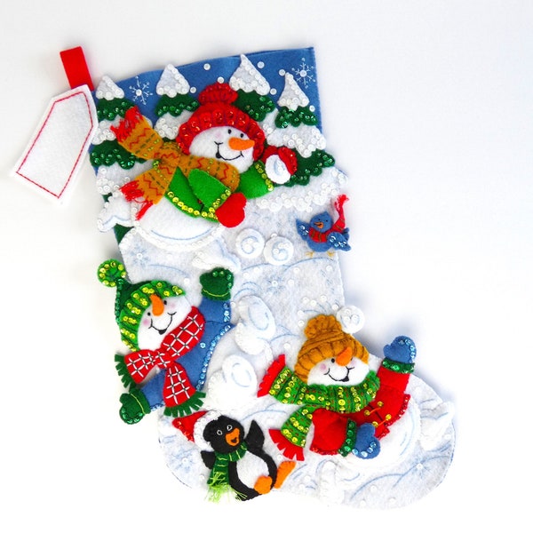 Bucilla Christmas Stocking - Snow Fun - Completed, Finished, Hand Sewn Embroidered Sequined Felt Stocking with Snowman Penguin for Family