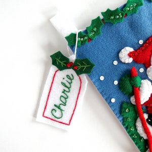 Personalized Christmas Stocking Label - Name Tag -  Felt Stocking Label - Gift Tags - Hand Sewn Label - Green, Red With Holly Leaves