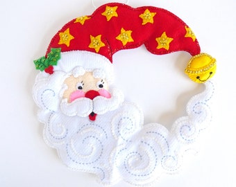 Finished Bucilla Christmas Wreath - Santa Crescent Moon  - Wall Hanging Hand Embroidered Felt Plush Decor