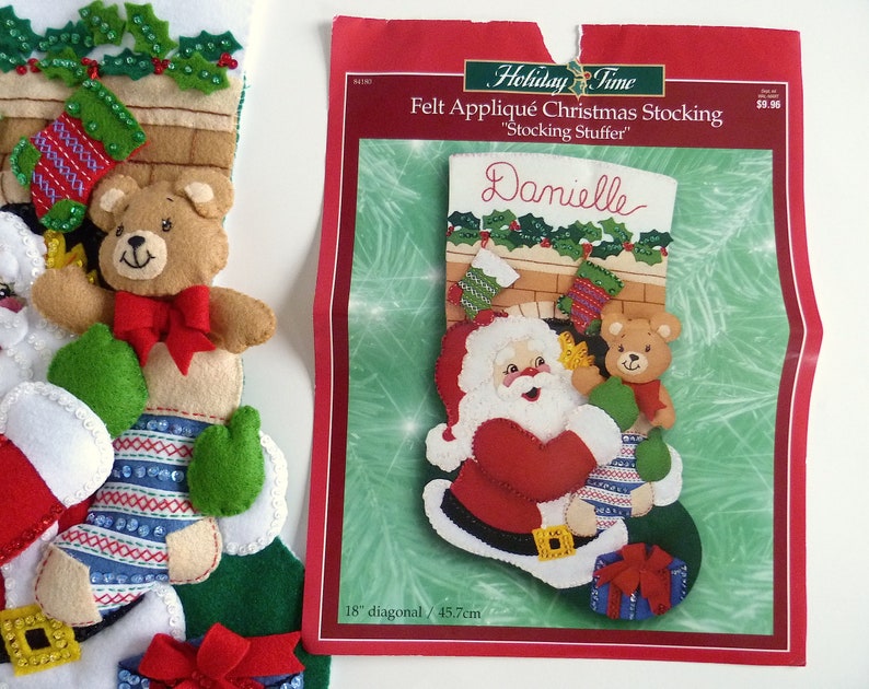 Finished Bucilla Christmas Stocking Stocking Stuffer Handmade Felt Appliqué Holiday Sock Santa Bear for Family Boy or Girl Completed image 7