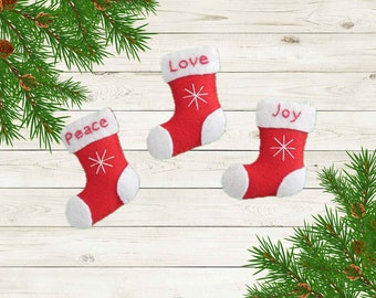 Handmade Felt Mini Stocking Ornaments - Set of 3 - Love Joy Peace - For Christmas Winter Decor Tree, Garland, or Wreath