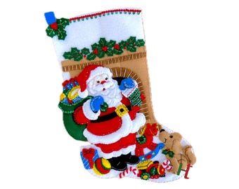 Finished Bucilla Christmas Stocking - Santa's Visit with Dog - Completed Handmade