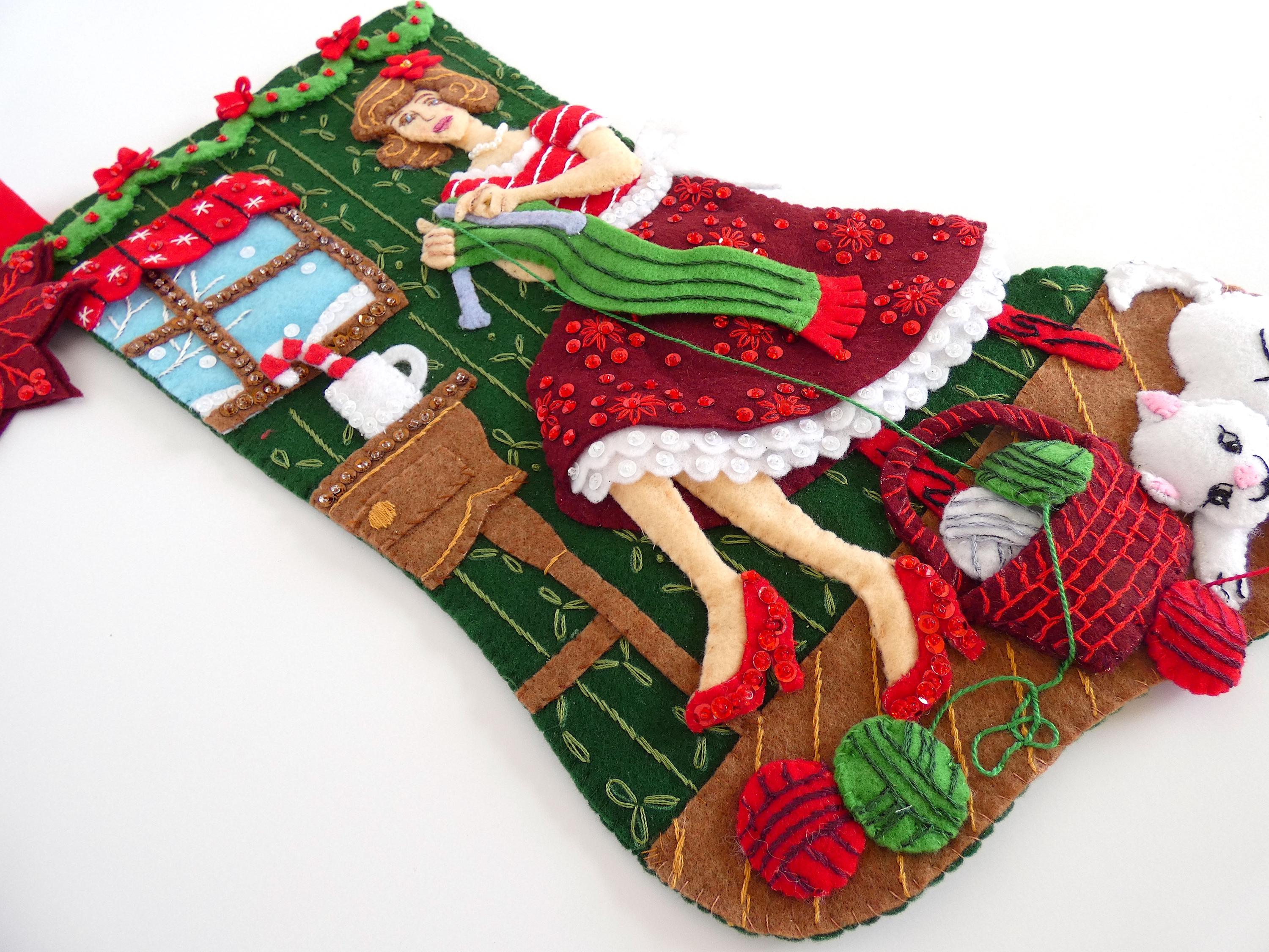 Finished Bucilla Christmas Stocking Holiday Knitting Crafting Lady ...