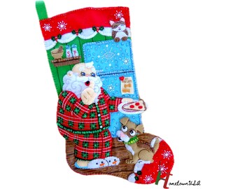 Finished Bucilla Christmas Stocking - Santa's Midnight Snack Retro Kitchen and Dog - Completed