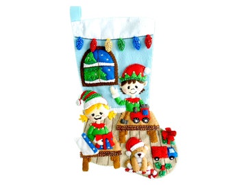 Handmade Felt Christmas Stocking - Workshop Elves - 3D Plush Stocking for Family, Boy or Girl - Merry Stockings completed