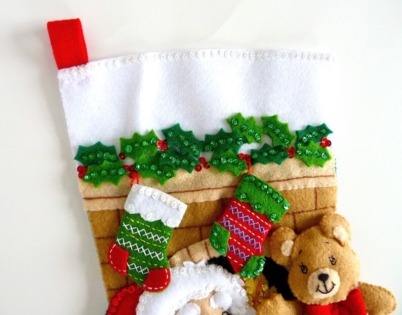 Finished Bucilla Christmas Stocking Stocking Stuffer Handmade Felt Appliqué Holiday Sock Santa Bear for Family Boy or Girl Completed image 4