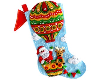 Finished Bucilla Christmas Stocking - Santa's Balloon Ride - Handmade 3D Plush Felt - For Boy, Girl, or Family - Completed