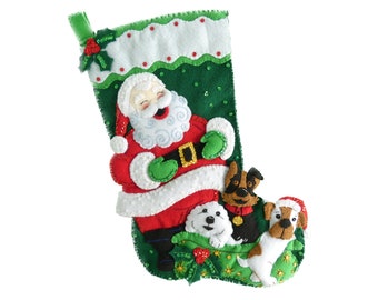 Handmade Felt Christmas Stocking - Paws and Claus - 3D Plush Holiday Sock - Santa with Dogs for Pet Dog Lover, Boy Girl Family