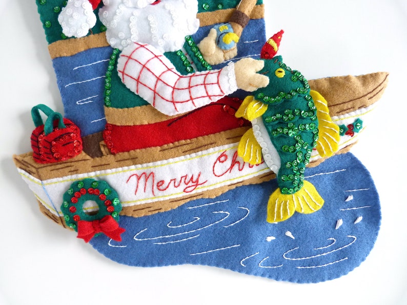 Finished Bucilla Christmas Stocking Fishing Santa Handmade Felt 3D Plush Appliqué Sock for Dad Husband Fisherman Completed image 4