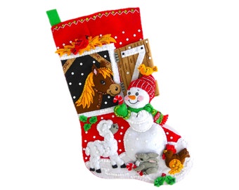 Finished Bucilla Christmas Stocking - Barnyard Friends - Handmade Felt 3D Plush Sock - Snowman, Horse, Sheep, For Farmer Boy Girl Family