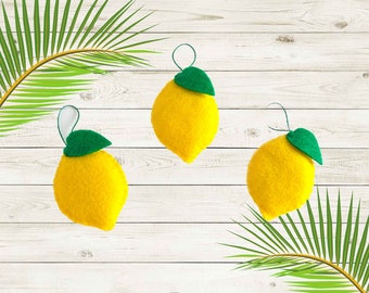 Handmade Felt Lemon Ornaments - Set of 3 - Summer Garden Party Decor - Fruit Citrus - Handmade - for Tree Craft Garland