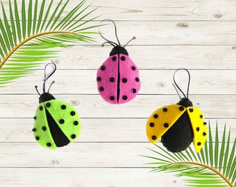 Handmade Felt Lady Bug Ornaments - Pastel Colored - Set of 3 - Spring, Summer, Garden Decor - For Gardener Bowl, Basket, Wreath or Garland,