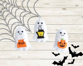 Handmade Felt Ghost Ornaments with Halloween Icons - Pumpkin Lantern Bag - Set of 3 - for Tree or Other Decor - Smiling Ghost Bowl Fillers