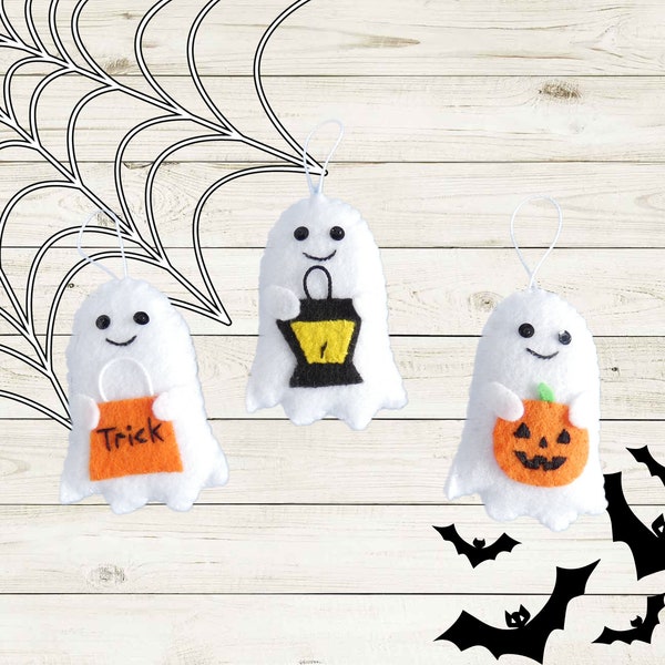 Handmade Felt Ghost Ornaments with Halloween Icons - Pumpkin Lantern Bag - Set of 3 - for Tree or Other Decor - Smiling Ghost Bowl Fillers