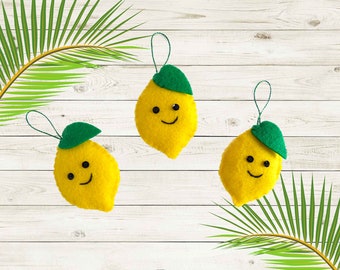 Handmade Felt Smiling Lemon Ornaments - Set of 3 - Summer or Garden Decor - Fruit Citrus - Handmade