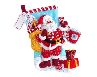 Finished Bucilla Christmas Stocking - Peppermint Santa - Handmade Felt 3D Plush Holiday Sock - For Boy or Girl Family Completed