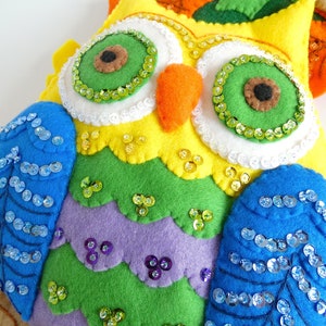 May include: A colorful felt owl with rainbow-colored feathers and blue wings. The owl has large green eyes with white and green sequins around them. The owl is decorated with sequins and has a brown felt beak.