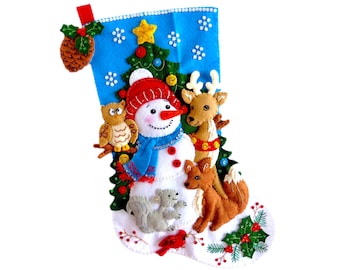 Finished Bucilla Christmas Stocking - Woodland Snowman - Handmade 3D Plush Felt Holiday Sock for Family Boy Girl - Completed