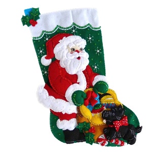 Finished Bucilla Christmas Stocking Santa and Scottie Dog Handmade 3D Plush Felt Stocking for the Dog Lover Girl Boy Family image 1