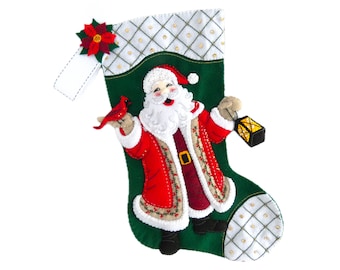 Finished Felt Christmas Stocking - Old World Santa - Handmade 3D Plush Holiday Sock - with Cardinal, Merry Stockings for Girl Boy Family