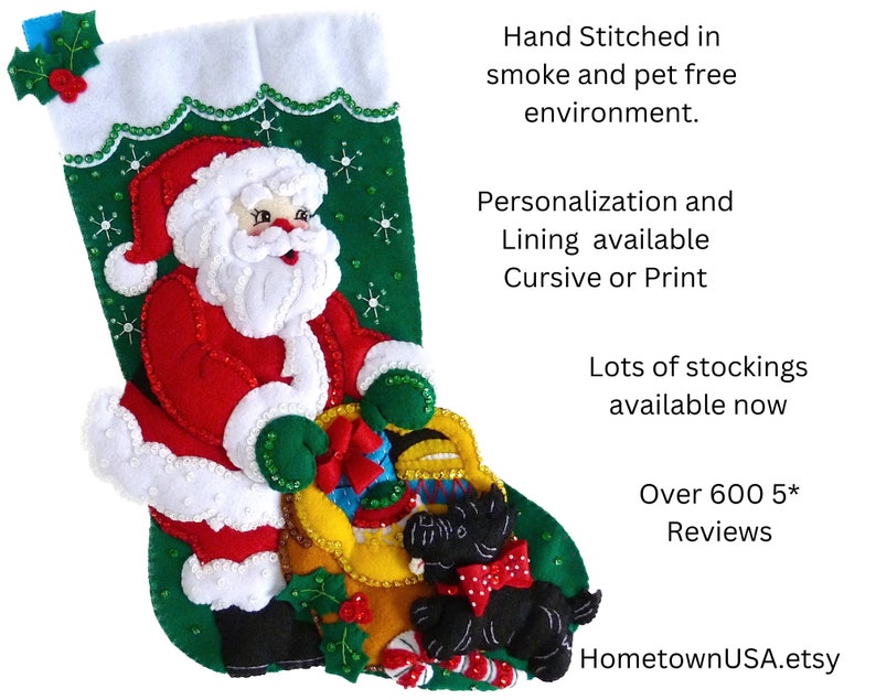 Finished Bucilla Christmas Stocking Santa and Scottie Dog Handmade 3D Plush Felt Stocking for the Dog Lover Girl Boy Family image 2