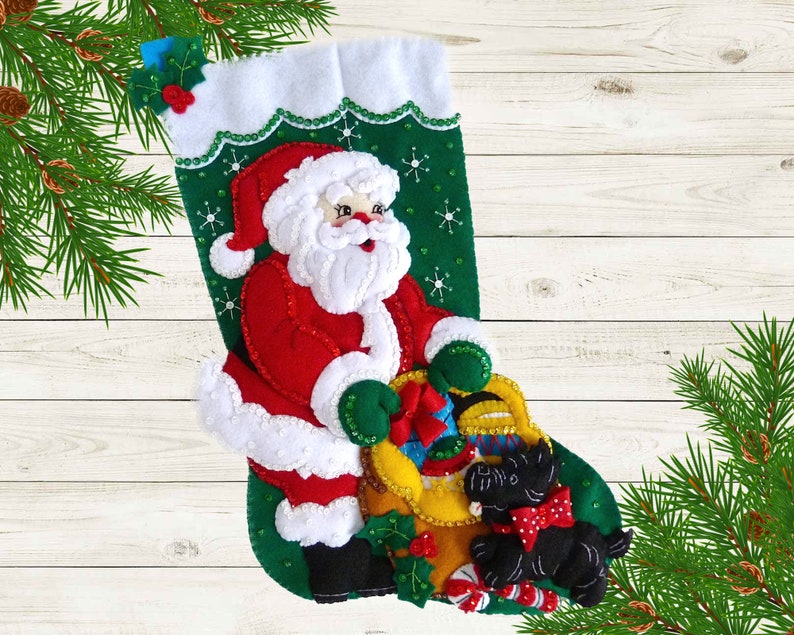 Finished Bucilla Christmas Stocking Santa and Scottie Dog Handmade 3D Plush Felt Stocking for the Dog Lover Girl Boy Family image 9