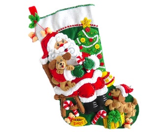 Finished Bucilla Christmas Stocking - Jolly Pups and Santa - Handmade 3D Plush Felt Stocking - For the Puppy Dog Lover Boy, Girl - Completed