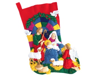 Finished Bucilla Christmas Stocking - Nativity - Jumbo Size - Handmade 3D Plush Felt Sock - for Boy, Girl Family