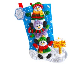 Finished Bucilla Christmas Stocking - Snow Much Fun - Handmade 3D Plush Felt Sock - With Snowman - Gift For Boy Girl Family - Completed