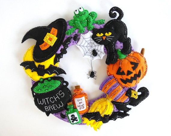 Bucilla Halloween Wreath - Witches Brew - Finished Hand Embroidered Felt Plush Witchy Wall Hanger