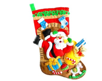 Finished Bucilla Felt Christmas Stocking - Fireplace Folly - Handmade 3D Plush Stocking-  Santa Falling Down Chimney - for Boy Girl Family