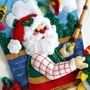 Finished Bucilla Christmas Stocking Fishing Santa Handmade Felt 3D Plush Appliqué Sock for Dad Husband Fisherman Completed image 5