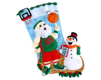 Handmade Christmas Stocking - Basketball Santa with Snowman -  3D Plush Felt Holiday Sock  - For Boy, Girl, Dad, Husband, Sports Lover