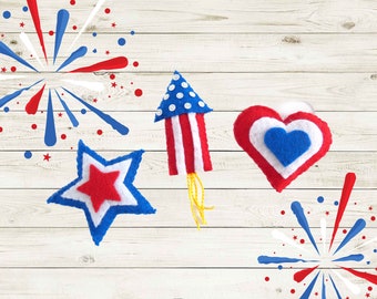 Handmade Felt Patriotic Ornaments - Set of 3 -  Heart, Rocket, Star,  - 4th of July Americana, Summer, Party Tree Decor