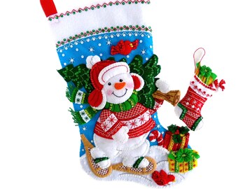 Finished Bucilla Felt Christmas Stocking - Nordic Snowman - Snowshoeing - Handmade Completed for Family, Boy or Girl with Ornament