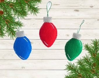 Handmade Felt Christmas Light Bulb Ornaments - Set of 3 - Christmas Winter Decor - For Tree, Garland, or Wreath Red Green Blue