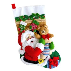 Finished Bucilla Christmas Stocking Stocking Stuffer Handmade Felt Appliqué Holiday Sock Santa Bear for Family Boy or Girl Completed image 1